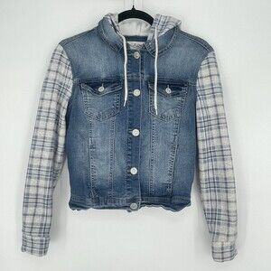 Wallflower Womens Retro Blue Denim Button Up Hooded Sweater Sleeve Jacket Small